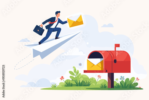Businessman riding a paper airplane to deliver an envelope to a red mailbox, concept of email marketing, newsletter delivery, digital communication, business advertising and promotion services.