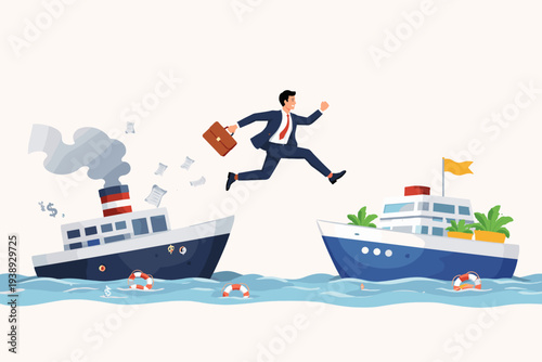 Businessman jumping from a sinking ship to a new modern boat, concept of escaping risk, bankruptcy, or business failure, career change, moving to a better job opportunity, and crisis management.