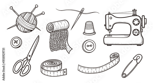 Collection of sewing and crafting tools including a sewing machine, scissors, yarn, buttons, tape measure, thimble, and safety pin