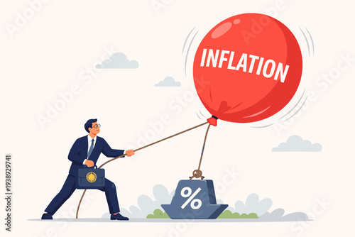Businessman Representing Federal Reserve Pulling Down Large Inflation Balloon with Interest Rate Hike Weight, Concept of Economic Policy, Monetary Control, Financial Crisis and Market Risk Vector