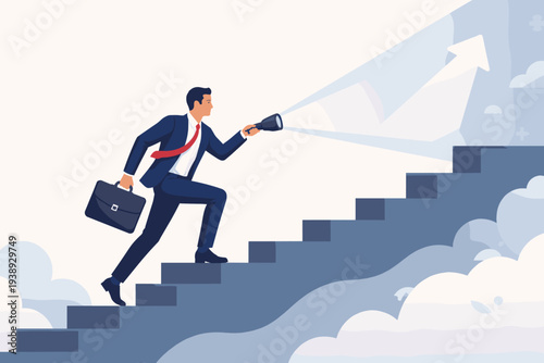 Businessman Climbing Stairs with Flashlight to Discover Opportunity and Success. Ambitious Professional Finding Direction and Growth Path. Career Advancement, Leadership, and Vision Concept.