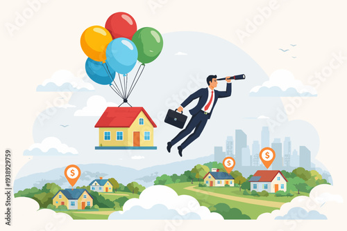 Businessman Flying with House Lifted by Balloons Looking Through Telescope for Real Estate Investment Opportunities. Property Market Search, Moving to New Home, and Visionary Profit Concept.
