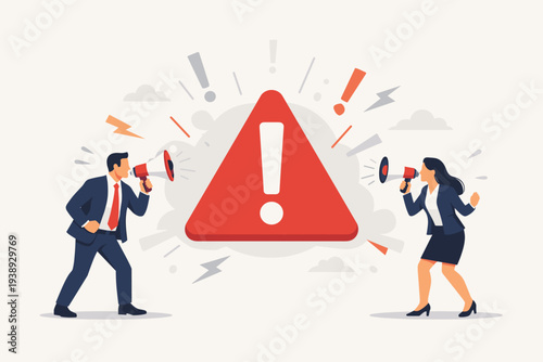 Business Man and Woman Shouting into Megaphones with Large Red Warning Triangle Exclamation Mark, Urgent Announcement, Breaking News, Crisis Communication, Alert Notification, Important Message