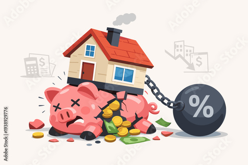 High interest rate and mortgage debt concept with a heavy house crushing a broken piggy bank and a large percentage ball and chain representing financial burden and expensive housing costs