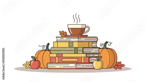 Cozy Autumn Stack of Books with Hot Coffee and Pumpkins