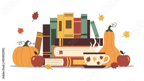 Cozy Autumn Reading Scene: Books, Pumpkins, Apple, and Hot Drink