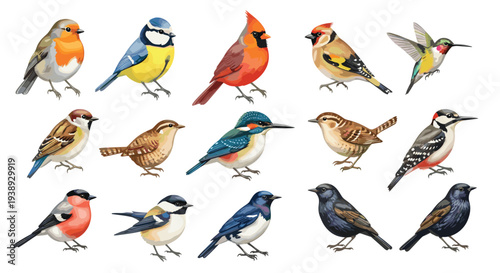 A diverse collection of small colorful birds perched against a clean white background showcasing avian beauty and variety