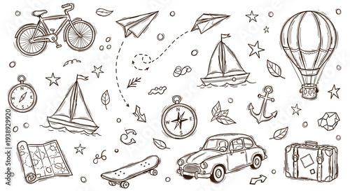 Collection of vintage travel and adventure doodles including a bicycle, car, sailboat, hot air balloon, and map