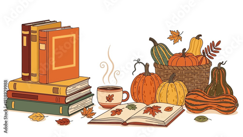 Cozy Autumn Scene: Stack of Books, Steaming Cup of Coffee, and Pumpkins