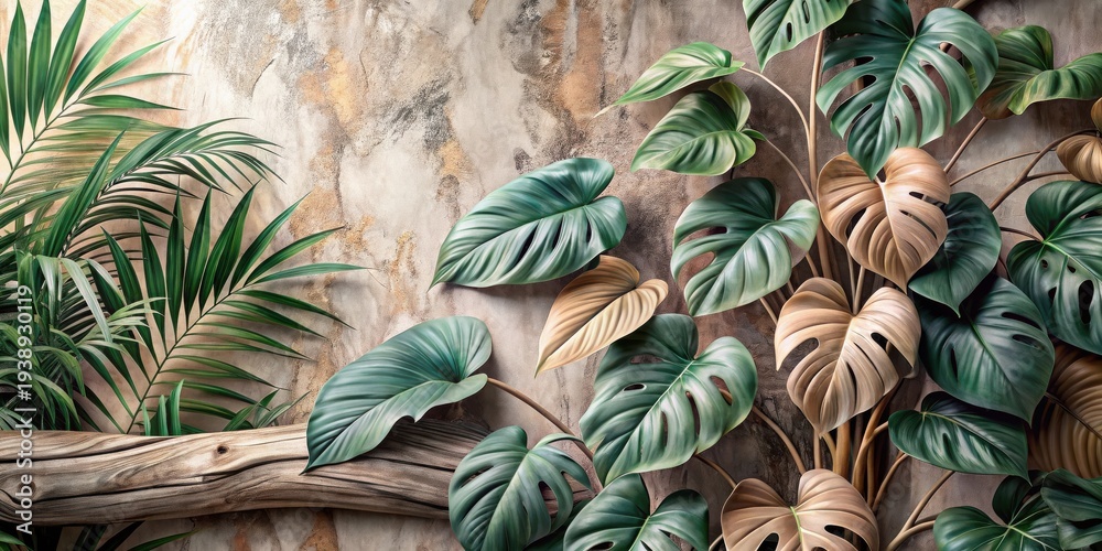 Obraz premium Lush Tropical Foliage Arranged Against a Textured Wall Featuring a Weathered Wooden Element