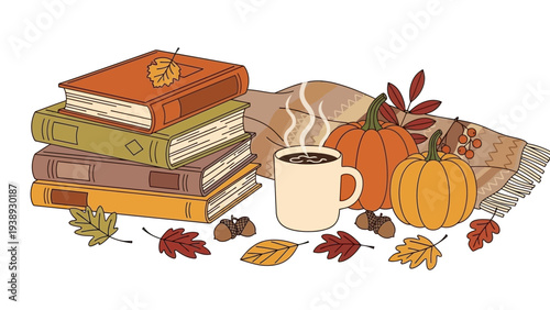 Cozy Autumn Scene: Stack of Books, Hot Drink, Pumpkins & Falling Leaves