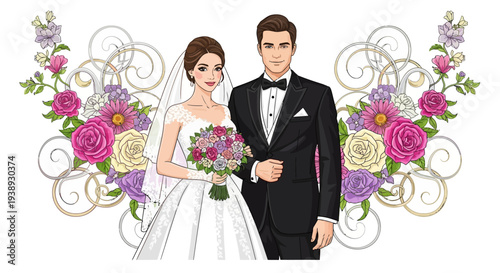 A charming illustration capturing a joyful bride and handsome groom on their wedding day, adorned with elegant floral patterns and golden accents, symbolizing lasting love and commitment