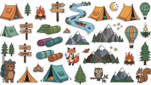 Camping Adventure Sticker Pack: Tents, Mountains, Forest, Bear, Fox, Owl