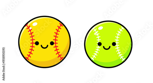 Cute kawaii softball and baseball balls with smiling faces, isolated on white background.