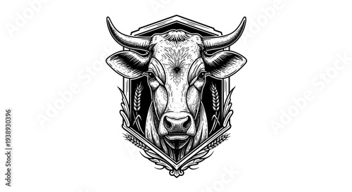 Cow Head Crest Emblem with Wheat Stalks - Black and White Illustration