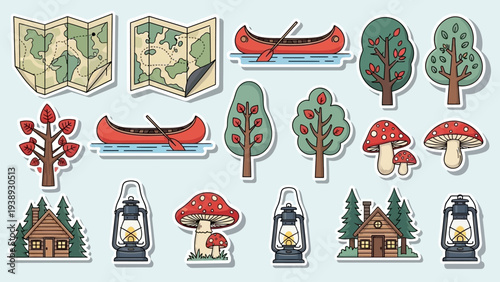 Vintage Camping Adventure Icons: Map, Canoe, Lanterns, Trees, Mushrooms, Cabin