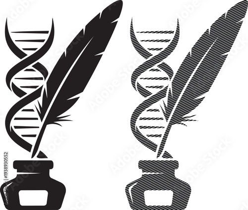Feathers resting atop stylized dna helix trophies with quill pens
