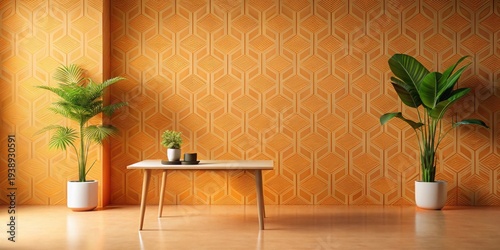 Minimalist Room Interior Design Featuring a Table and Potted Plants Against a Geometric Wall