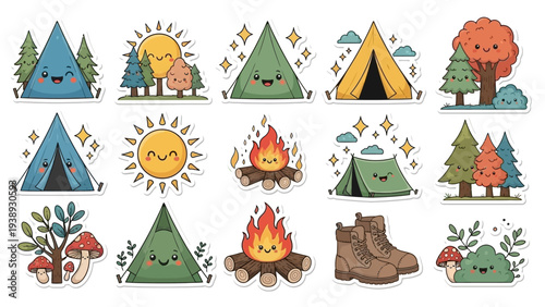 Cute Camping Stickers: Tent, Campfire, Sun, Trees, Boots, Mushrooms