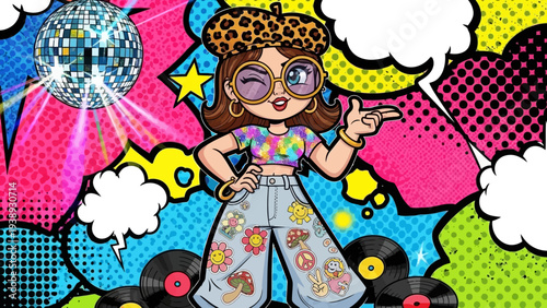 Retro Disco Dancer Girl with Vinyl Records and Pop Art Background