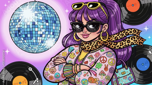 Retro Disco Party Girl with Vinyl Records and Disco Ball