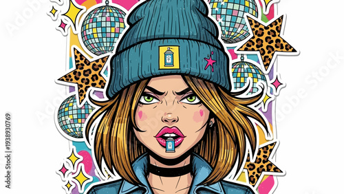 Cool Teen Girl with Beanie, Disco Balls, and Leopard Stars