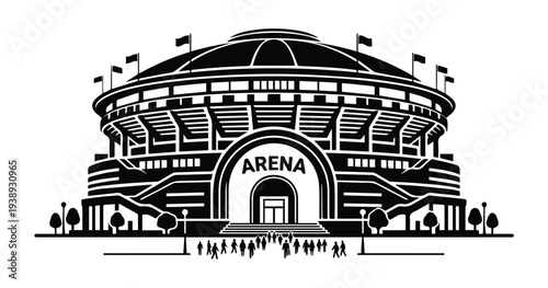 Game arena or sports stadium architecture with roof front view Icon Silhouette vector black design on a white background