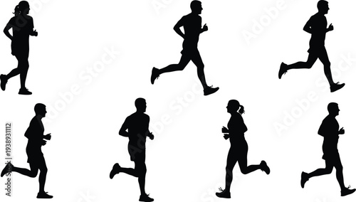 Collection of seven male and female runner silhouettes, black vector icons of joggers and marathon athletes in motion isolated on white.