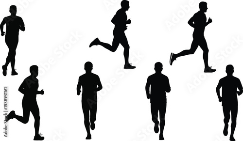Collection of seven male runner silhouettes in motion, black vector icons of athletes jogging and sprinting in different poses isolated on white.