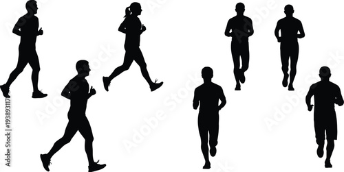 Collection of seven male runner silhouettes in motion, black vector icons of athletes sprinting, jogging, and racing isolated on white.