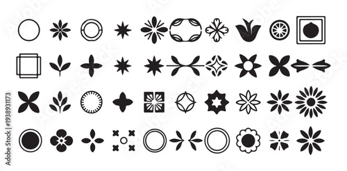 Minimalist geometric icons set and abstract symmetric symbols for modern brand identity design art