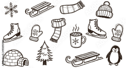 Charming Hand Drawn Winter Icons Collection Featuring Sleds Ice Skates Hot Chocolate and Penguin for Festive Seasonal Designs