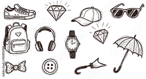 Collection of Hand Drawn Icons Representing Fashion Accessories and Personal Items in Sketch Style