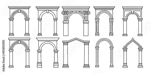 Architectural arch set and classic column portal frames for building construction line illustration