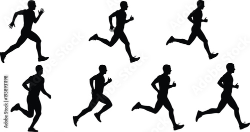 Collection of seven male and female runner silhouettes, black vector icons of people jogging and sprinting from various angles isolated on white.
