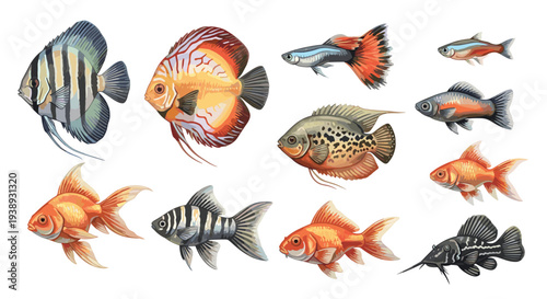 A vibrant collection of diverse freshwater aquarium fish species swimming in clear water, showcasing a variety of colors and fin shapes