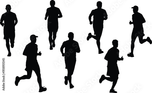 Collection of seven male runner silhouettes, black vector icons of men jogging and running in a group isolated on white.