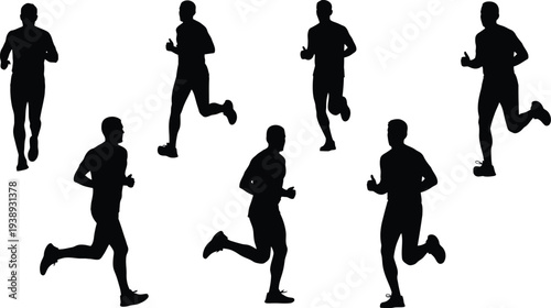 Collection of seven male runner silhouettes, black vector icons of men jogging and sprinting in motion isolated on white background.