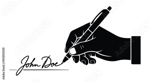 A hand holding a pen signing Icon Silhouette vector black design on a white background