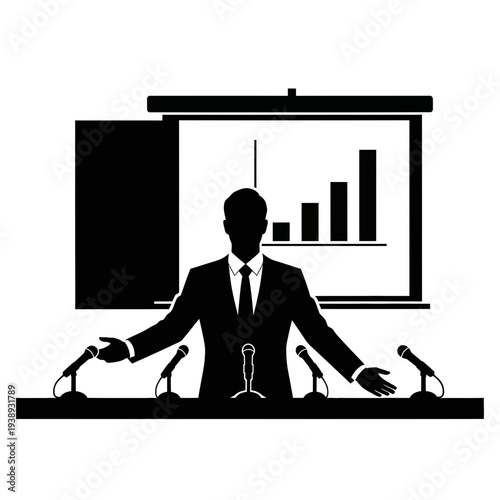 Businessman Speaking at Press Conference Microphones.