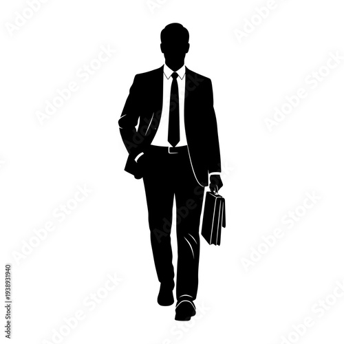 Businessman with briefcase walking confidently forward.