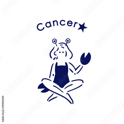 【星座】4.蟹座の女の子のイラスト_モノクロ
