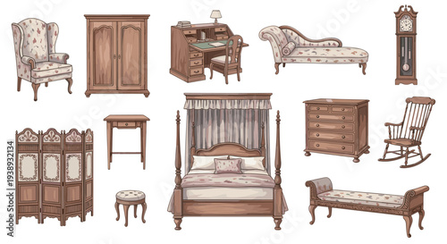 Vintage bedroom furniture collection including a four poster bed, wardrobe, desk, chair, chaise lounge, and clock