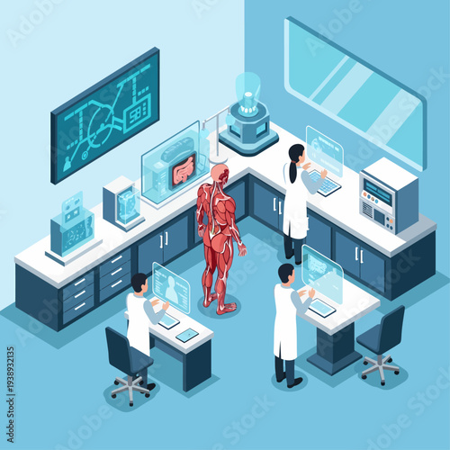 High-tech medical research laboratory with scientists analyzing advanced human anatomy models and digital data for scientific discovery and healthcare innovation