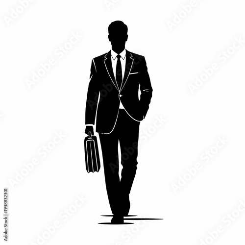 Silhouette of businessman walking with briefcase.