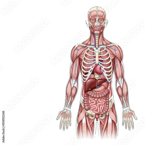 Vivid anatomical illustration of the human body, detailing the muscular, skeletal, and circulatory systems alongside vital internal organs for educational study