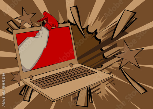 Cartoon Laptop, comic book Notebook with Spray Bottle. Retro vector comics pop art design.