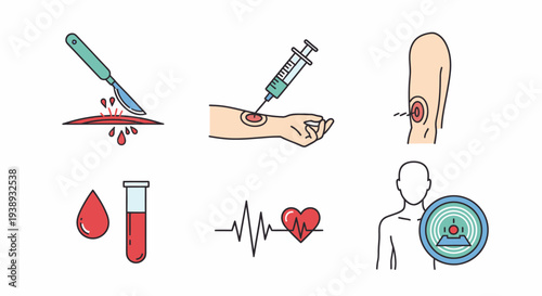 Medical and Healthcare Icons Representing Blood Donation, Surgery, and Health Monitoring