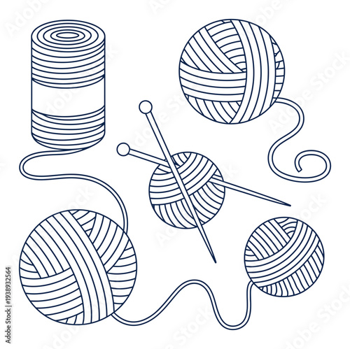 A charming collection of yarn balls and knitting needles in a simple line style