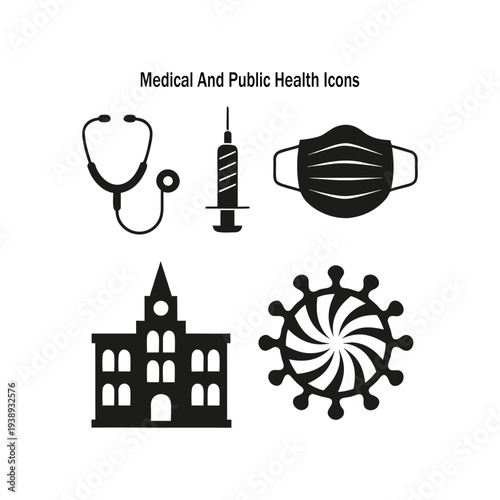 Set of medical and public health icons representing healthcare and virus protection